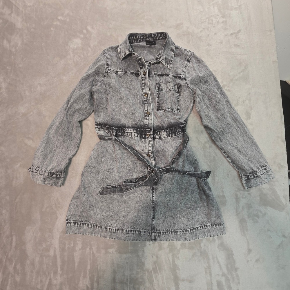 Who What Wear Grey Acid Wash Denim Shirt Dress Long Sleeve Belted Mini Size M